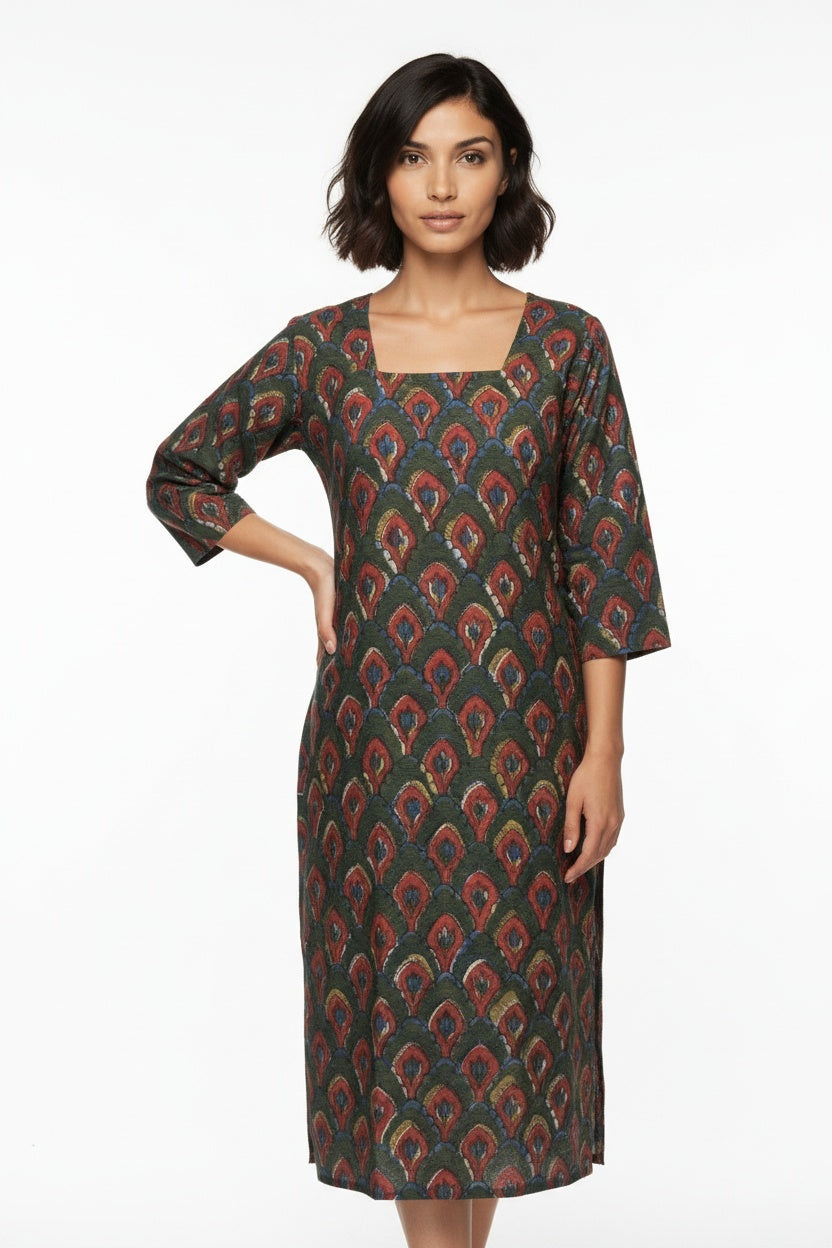 Mahira Olive Kalamkari Block Print Dress