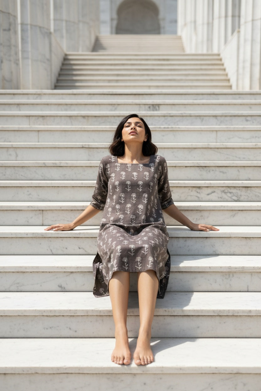 Mahira Grey Block Print Dress