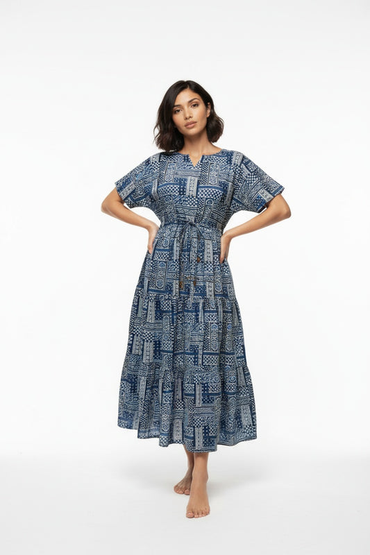 Maya Indigo Ajrakh Tiered Dress