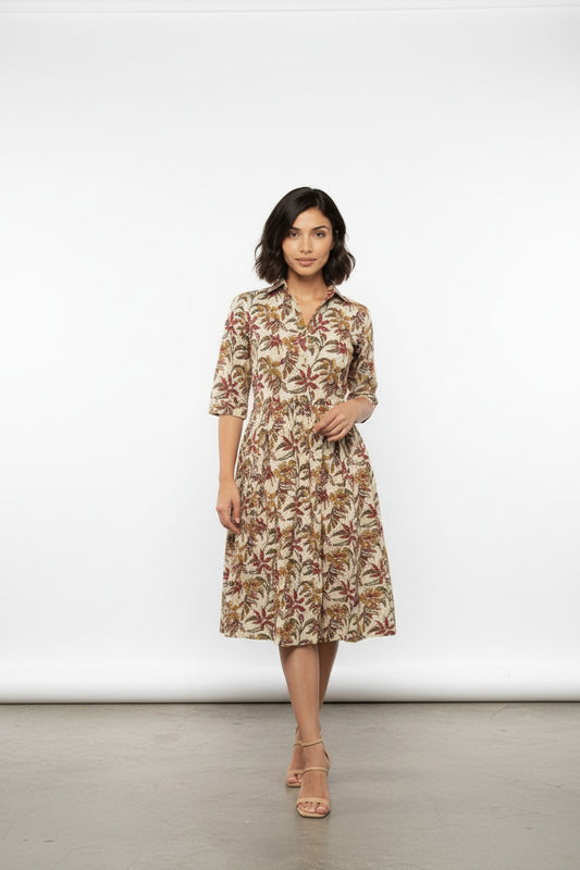 Maya Earthy Floral Block Print Shirt Dress