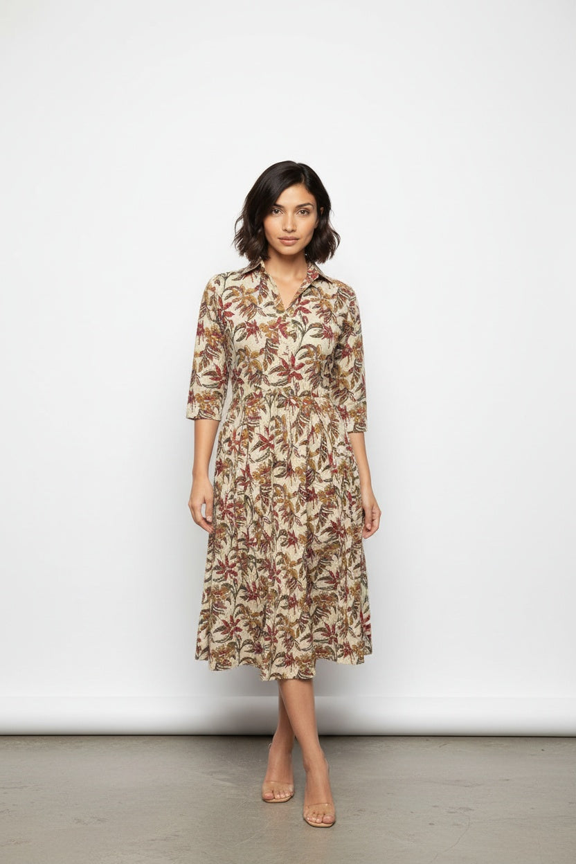 Maya Earthy Floral Block Print Shirt Dress