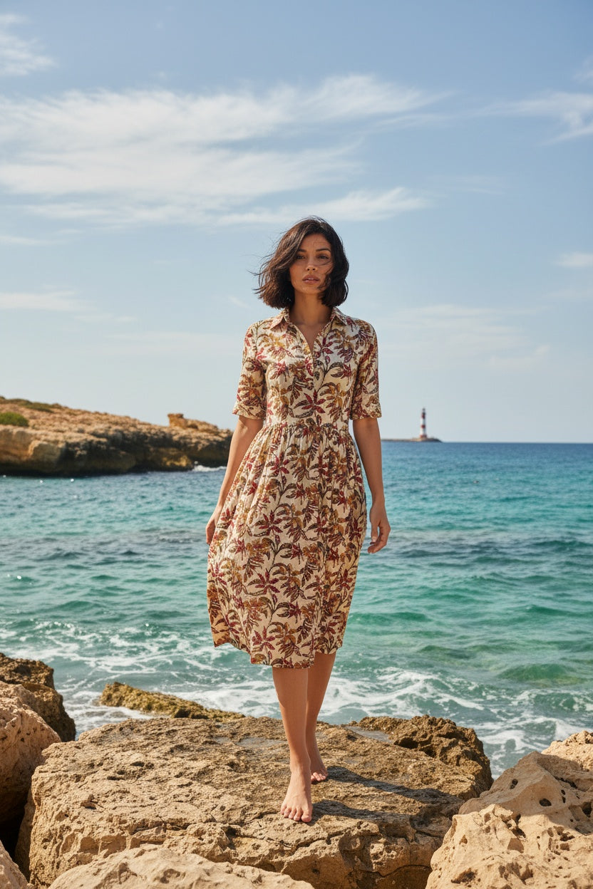 Maya Earthy Floral Block Print Shirt Dress