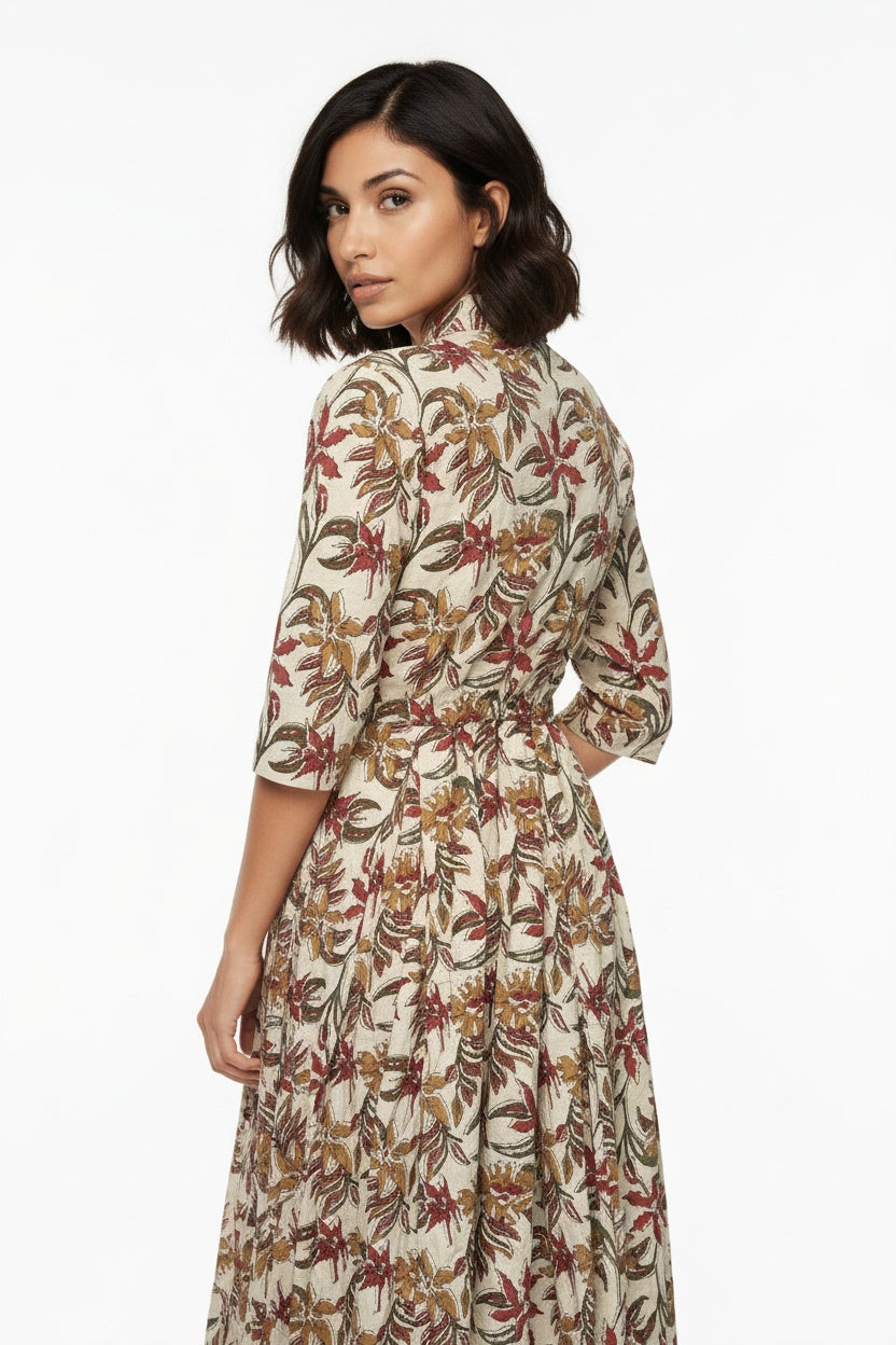 Maya Earthy Floral Block Print Shirt Dress
