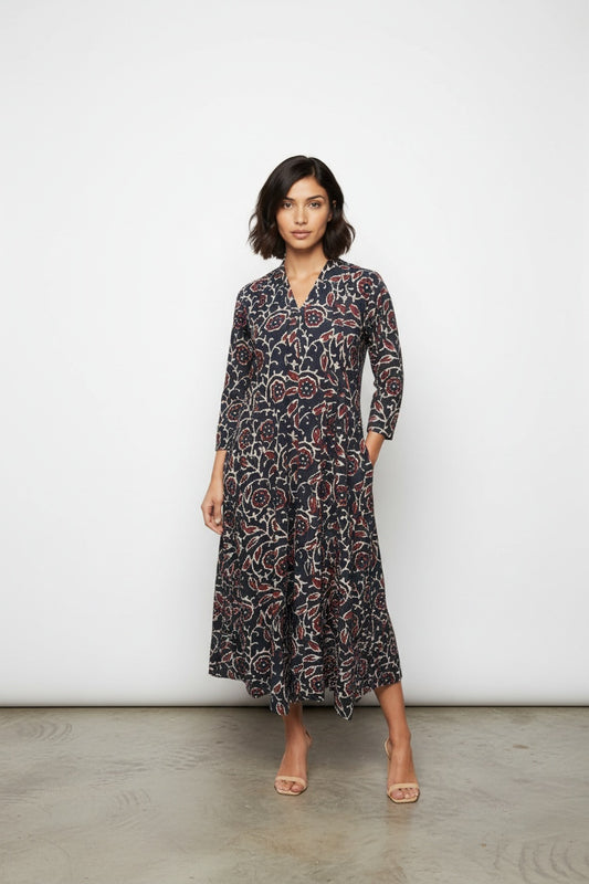 Kyra Navy Floral Block Print Dress