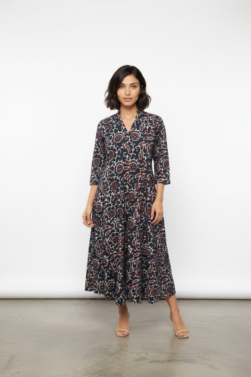 Kyra Navy Floral Block Print Dress