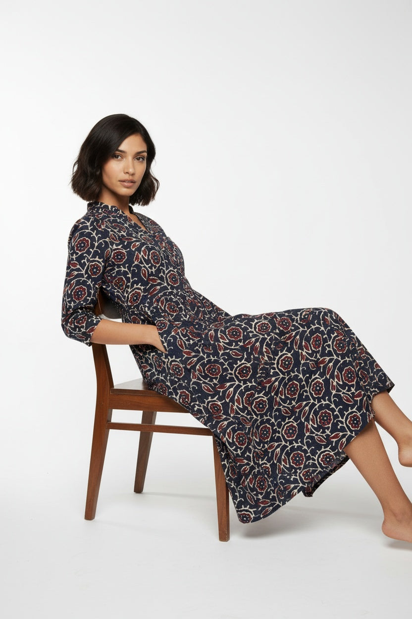 Kyra Navy Floral Block Print Dress