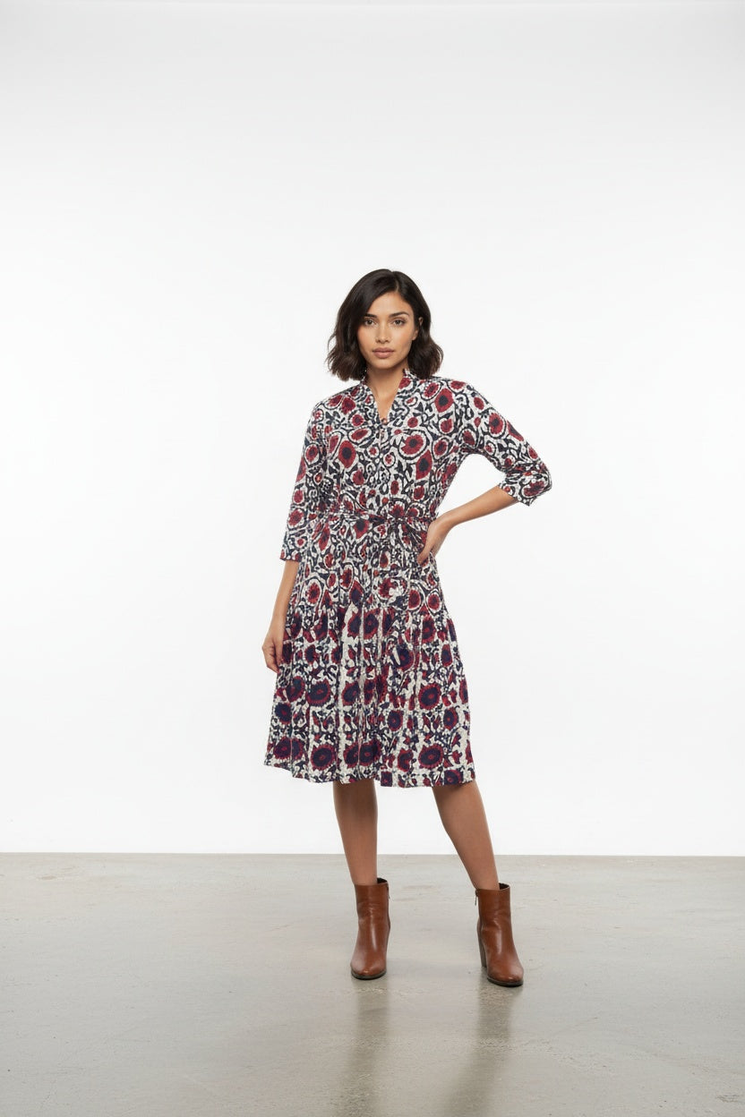 Nile Crimson Floral Tiered Block Print Dress