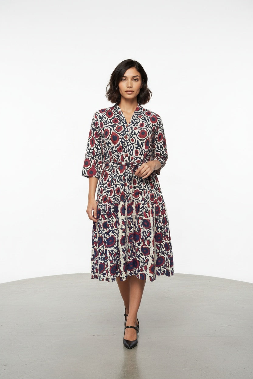 Nile Crimson Floral Tiered Block Print Dress
