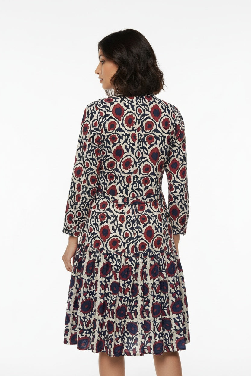 Nile Crimson Floral Tiered Block Print Dress